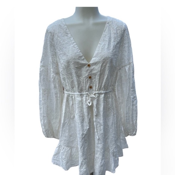 DISSHWhite Long Sleeve Swiss Dot Floral Embroidered Cotton Dress V-Neck USSize 8 - Picture 2 of 10